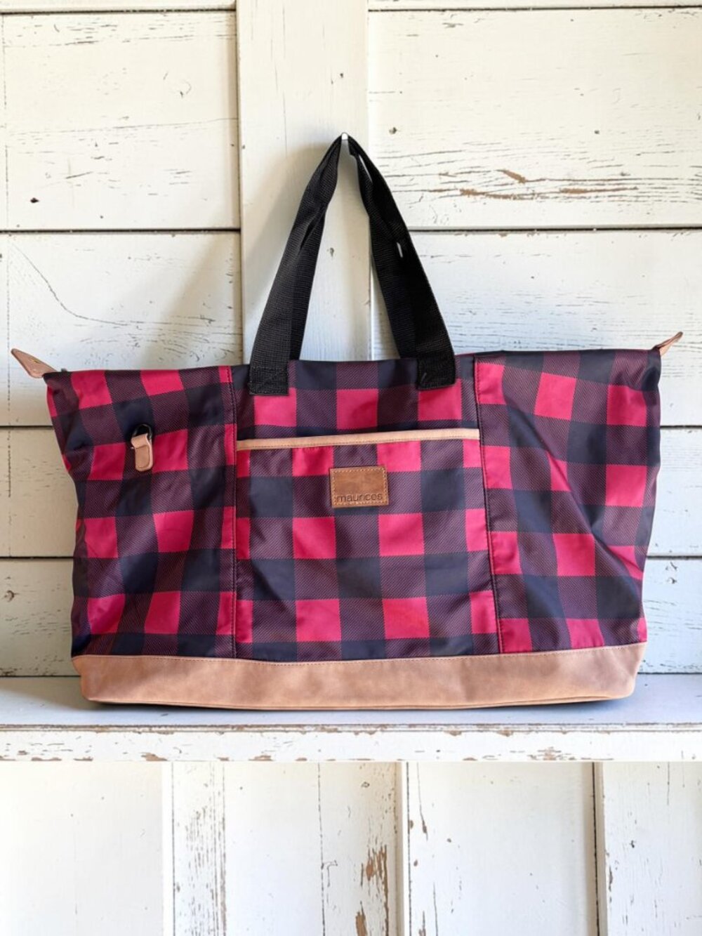 Maurices Red Black Buffalo Plaid Weekender Bag Faux Suede Trim Travel Tote